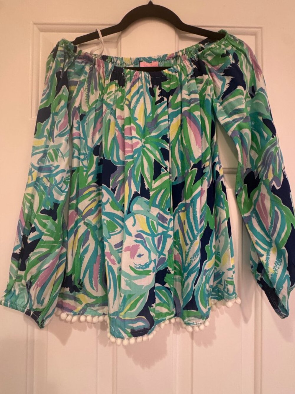 Lilly Pulitzer "Enna" Tropical Palm Off-The-Shoulder Pom Pom Top